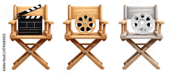 Fototapeta Movie Director Chairs with Film Reel and Clapperboard Illustrations