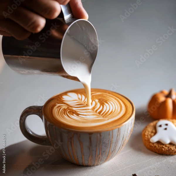 Fototapeta A close-up of a latte being poured into a hand-crafted mug beside a ghost-shaped cookie — rich in texture, warmth, and Halloween charm for focused visuals.