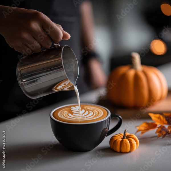 Fototapeta A beautifully poured Halloween latte with spiderweb art in a moody black cup, styled next to tiny pumpkins — ideal for seasonal menus and dark aesthetic branding.