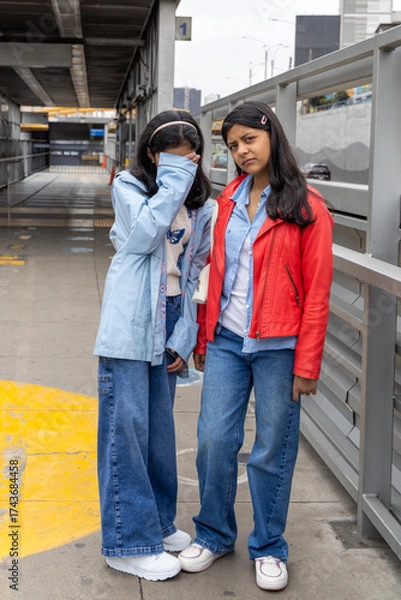 Obraz Two teenagers in blue and red jackets pose for a picture