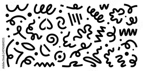 Fototapeta Black thick line doodles and dots, childish and boredom abstract drawings. Cute posters and banners design elements, stickers and vector art.