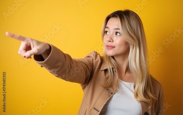 Obraz Young caucasian blonde woman points sideways, is trying to choose between two options. High quality