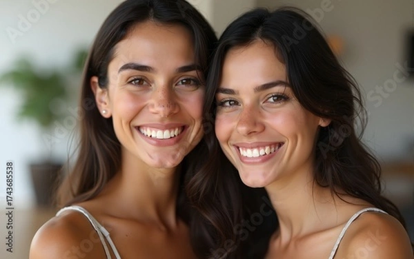 Obraz Two women smiling and looking at the camera. High quality
