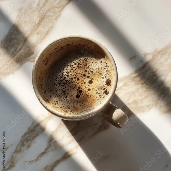 Fototapeta Photo of cup of coffee on marble counter neutral tones minima