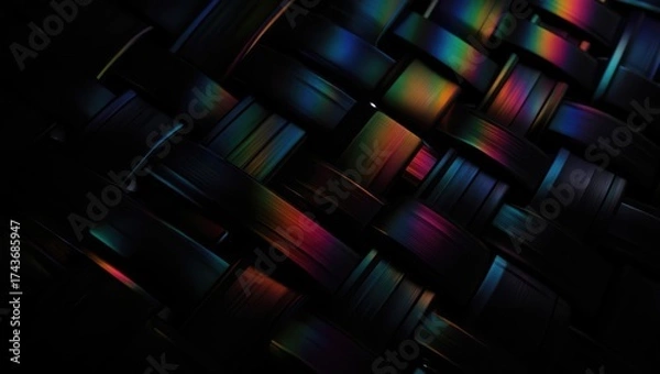 Fototapeta Abstract pattern of multicolored light beams reflecting across woven metallic texture in close-up view. Generative AI.