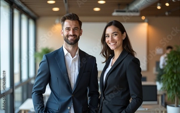 Obraz Two business people standing together in an office. High quality