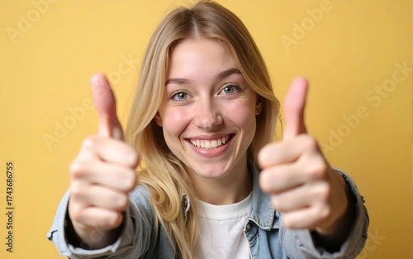 Obraz A young woman with blonde hair and a bright smile gives two thumbs up signifying approval and agreement with a positive and happy gesture. High quality