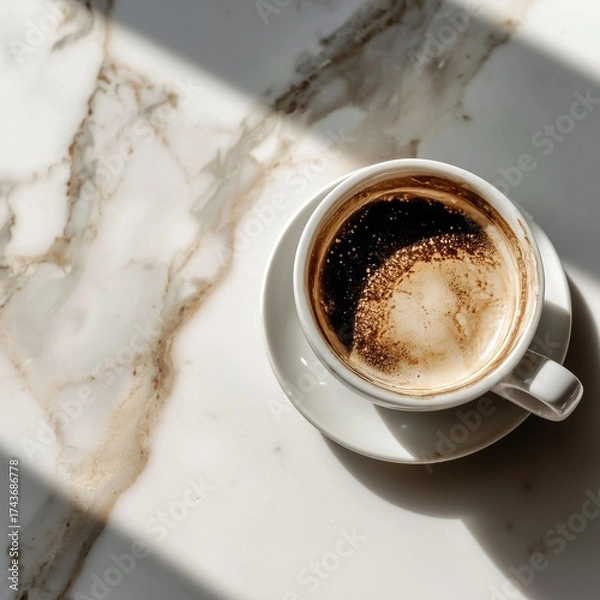 Fototapeta Photo of cup of coffee on marble counter neutral tones minima