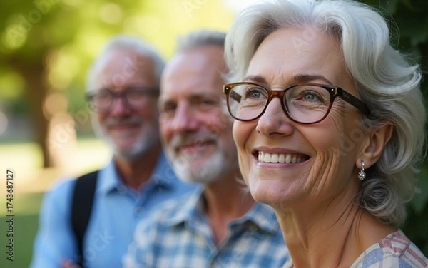 Obraz Smiling mature woman with glasses looks to the side with two older men in background outdoors. High quality