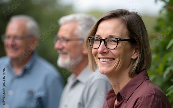 Obraz Smiling mature woman with glasses looks to the side with two older men in background outdoors. High quality