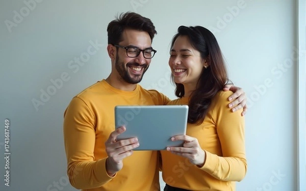 Obraz young couple holding a tablet on transparent. High quality