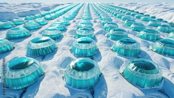 Fototapeta Aerial view of futuristic arctic research station domes, aligned in geometric patterns across icy landscape, representing science in extreme environments. Generative AI.