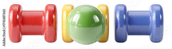 Fototapeta Colorful Isolated Dumbbells and a Green Ball on Transparent Background