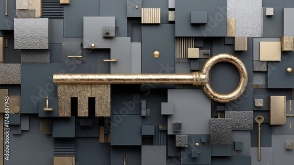 Fototapeta Golden key over abstract geometric background digital art