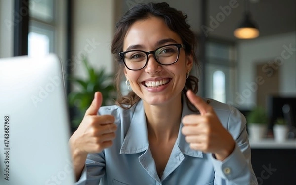 Obraz Middle age hispanic woman working at the office wearing glasses smiling and looking at the camera pointing with two hands and fingers to the side. High quality
