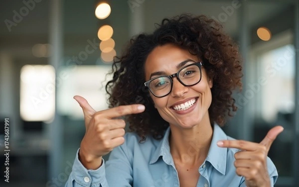 Obraz Middle age hispanic woman working at the office wearing glasses smiling and looking at the camera pointing with two hands and fingers to the side. High quality