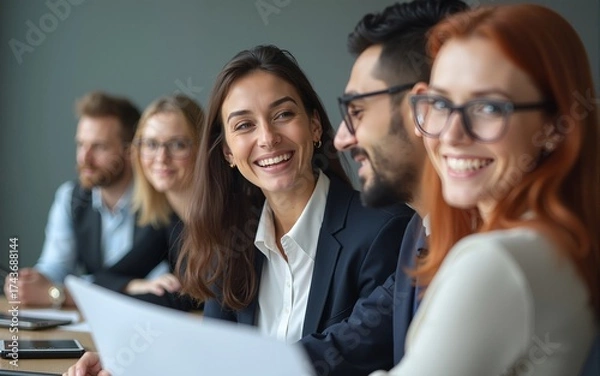 Obraz Smiling business people during a meeting in office. High quality