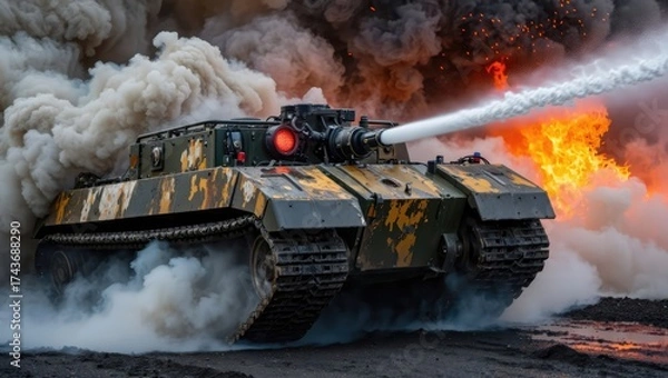 Fototapeta Modern armored tank in action, firing through thick smoke and flames, symbolizing warfare and military power. Generative AI.