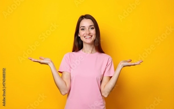 Obraz Photo of cute adorable woman dressed pink t-shirt holding comparing arms empty space isolated yellow color background. High quality
