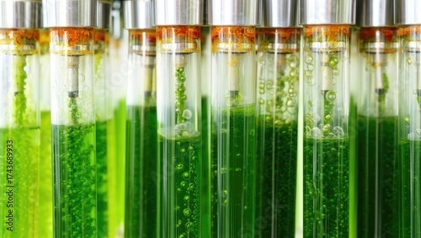 Fototapeta Glass test tubes filled with vivid green algae cultures in laboratory setting. Renewable energy research concept. Generative AI.