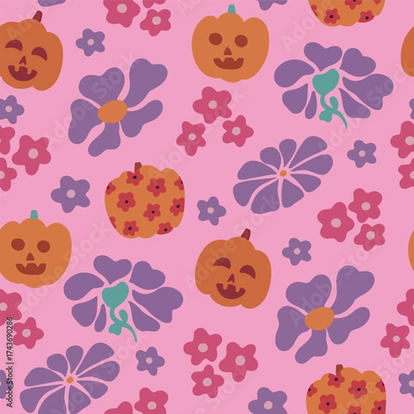 Obraz Groovy spooky retro Halloween seamless vector pattern