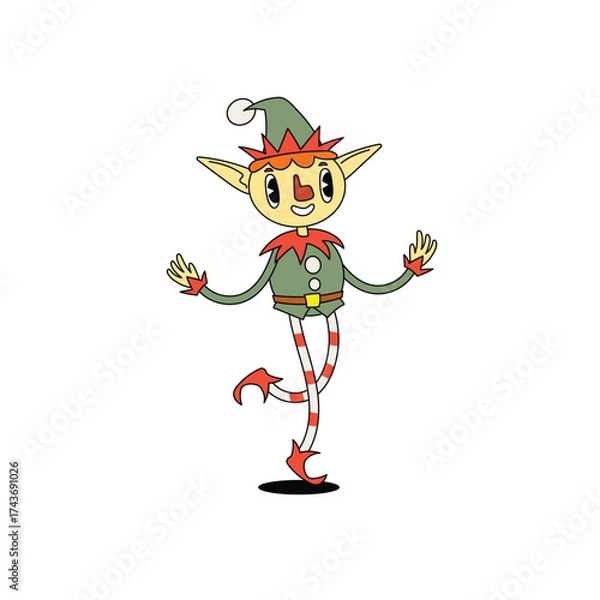 Fototapeta Groovy hippie dancing Santa's helper Elf. Merry Christmas and Happy New year trendy retro character. Vector illustrations isolated on white background.