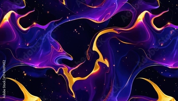 Fototapeta Vivid abstract digital artwork with flowing purple and yellow liquid shapes forming smooth curves and dynamic swirls. Modern fluid art style. Generative AI.