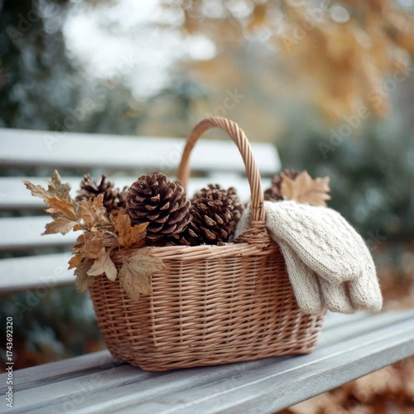 Fototapeta Wicker Basket with Pinecones and Leaves – Minimalist Autumn Aesthetic on Park Bench