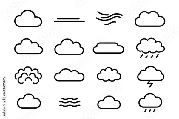 Obraz Cloud Icon Set. Cloud Types. Line icon set of Cloud Types: cumulus, stratus, cirrus, nimbostratus, cumulonimbus, altocumulus, altostratus, cirrostratus,