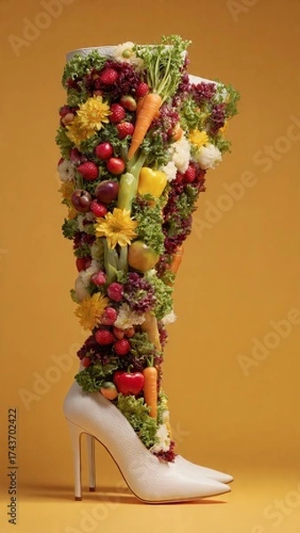 Fototapeta A pair of high heeled thigh high boots created completely with plant life such as carrots, celery, corn ,cherries, and strawberries, studio photography, bright vivid colors