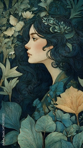 Fototapeta A serene portrait of a woman with flowing, dark hair adorned with intricate floral patterns, gazing thoughtfully into the distance.