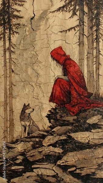 Fototapeta Pyrography, wood cracks, forest life, surreal, texture. red riding hood in the woods. Wolves.