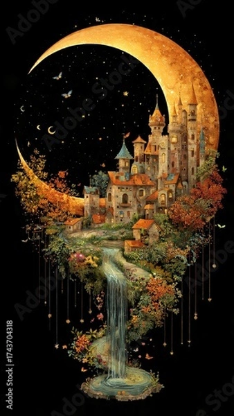 Fototapeta Realistic double exposure photo artwork featuring a whimsical, crescent-shaped orange moon cradling a fantastical village.
