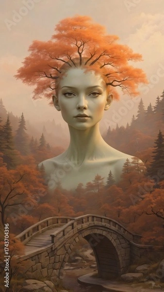 Fototapeta Realistic photo artwork featuring a dreamlike landscape. This double exposure central focus is a large, ethereal female face with a serene expression, seamlessly integrated into the environment.