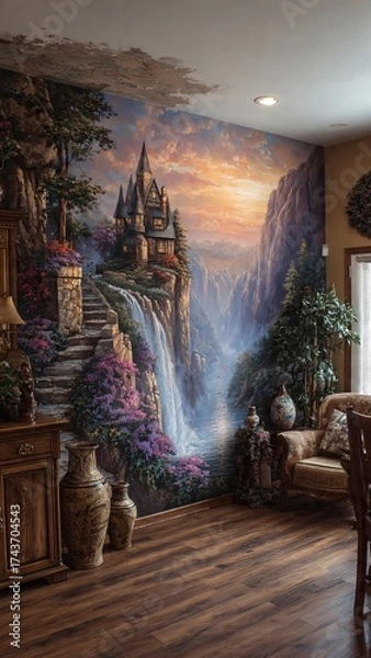 Fototapeta Realistic photo of a surreal and imaginative artwork depicting a room with a large, realistic mural on the wall.