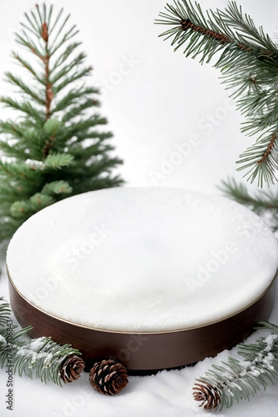 Fototapeta Winter Minimalist Beige Podium Scene. Snow-Dusted Display with Pinecone Arch, Soft Off-White Background for Wellness or Holiday Beauty Branding	
