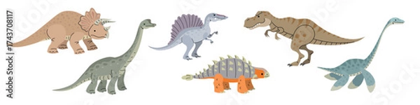 Fototapeta Set of cartoon flat modern style dinosaurs. Triceratops, Brachiosaurus, Spinosaurus, Ankylosaurus, Tyrannosaurus rex, Plesiosaurus. Jurassic age animals collection. Vector illustrations 