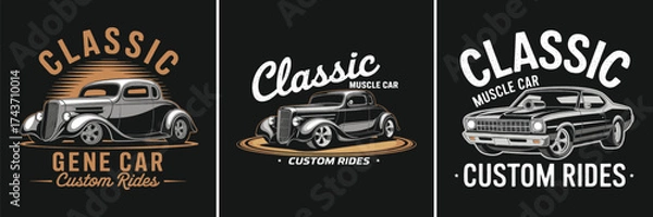 Fototapeta Classic muscle car custom rides vintage automotive illustration with retro typography emblem badge artwork for poster sticker logo and t shirt design