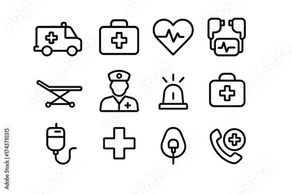 Fototapeta Emergency Icons Set. Emergency care. Line icon set of Emergency care: ambulance, first aid kit, heart monitor, defibrillator, stretcher, paramedic, siren,