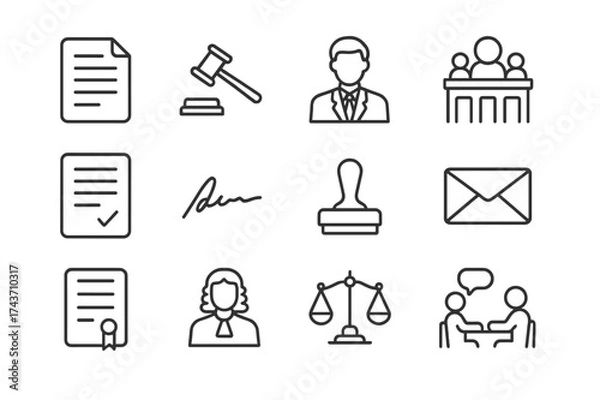 Fototapeta Deportation Icons Grid. Deportation Appeals. Line icon set of Deportation Appeals: legal document, gavel, lawyer, courtroom, petition, signature, stamp,