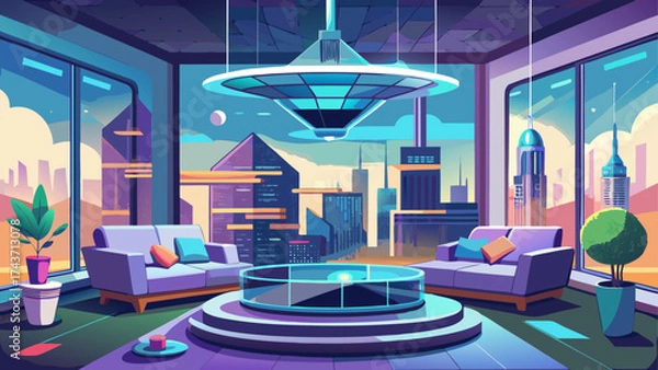 Fototapeta Minimalist living room in future tower, featuring floating sofa, holographic screen, and panoramic city view, vector artwork merging clean design and advanced smart home concept.