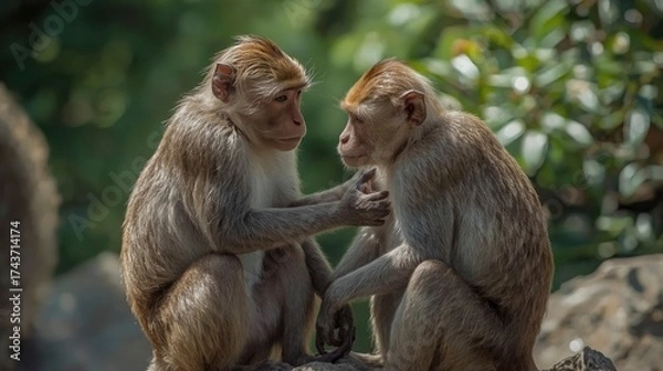 Fototapeta Two Monkeys Grooming Each Other