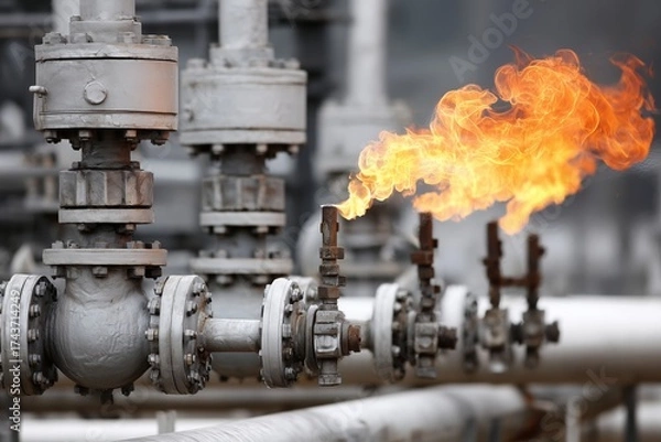 Fototapeta Close-up of a bright orange-yellow flame flaring from a valve on a complex network of industrial oil or gas pipelines and machinery.