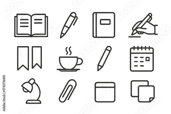 Fototapeta Personal Journaling Icons. Personal journaling. Line icon set of Personal journaling: journal, pen, diary, writing hand, bookmarks, coffee cup, pencil,