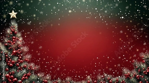 Fototapeta Festive Christmas background or banner with pine branches, red berries, and snow falling on a dark red and green vignette background with copy space.