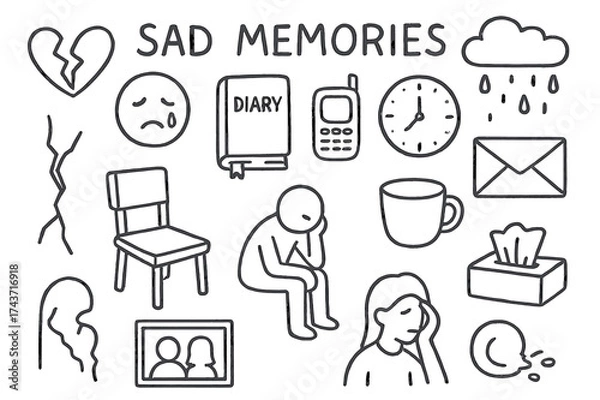 Fototapeta Heartbreak Doodle Icons. Sad Memories. Hand-drawn doodle illustration Sad Memories broken heart, tear, sad face, diary, phone, envelope, clock, cloud, rain,