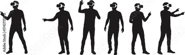 Fototapeta Silhouettes of six people wearing VR headsets in interactive poses, black vector design showing virtual reality, technology, immersion, and engagement