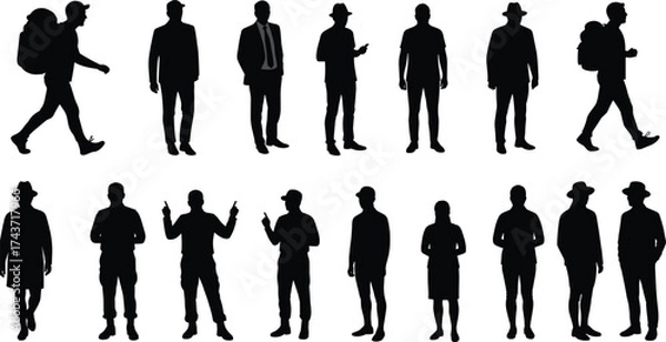 Fototapeta Silhouettes of sixteen people in various outfits and poses, black vector design showing diversity in posture, profession, attire, and human style