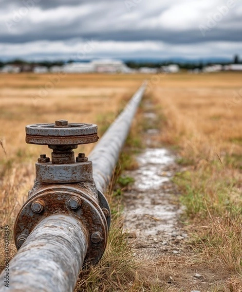 Fototapeta Large industrial oil or gas pipelines stretching across a yellow field toward the horizon under a dramatic, cloudy sky.