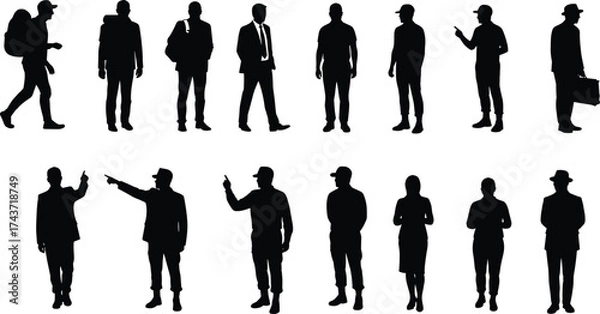 Fototapeta Silhouettes of sixteen people in various outfits, poses, and accessories, black vector design showing diversity in posture, attire, and activity